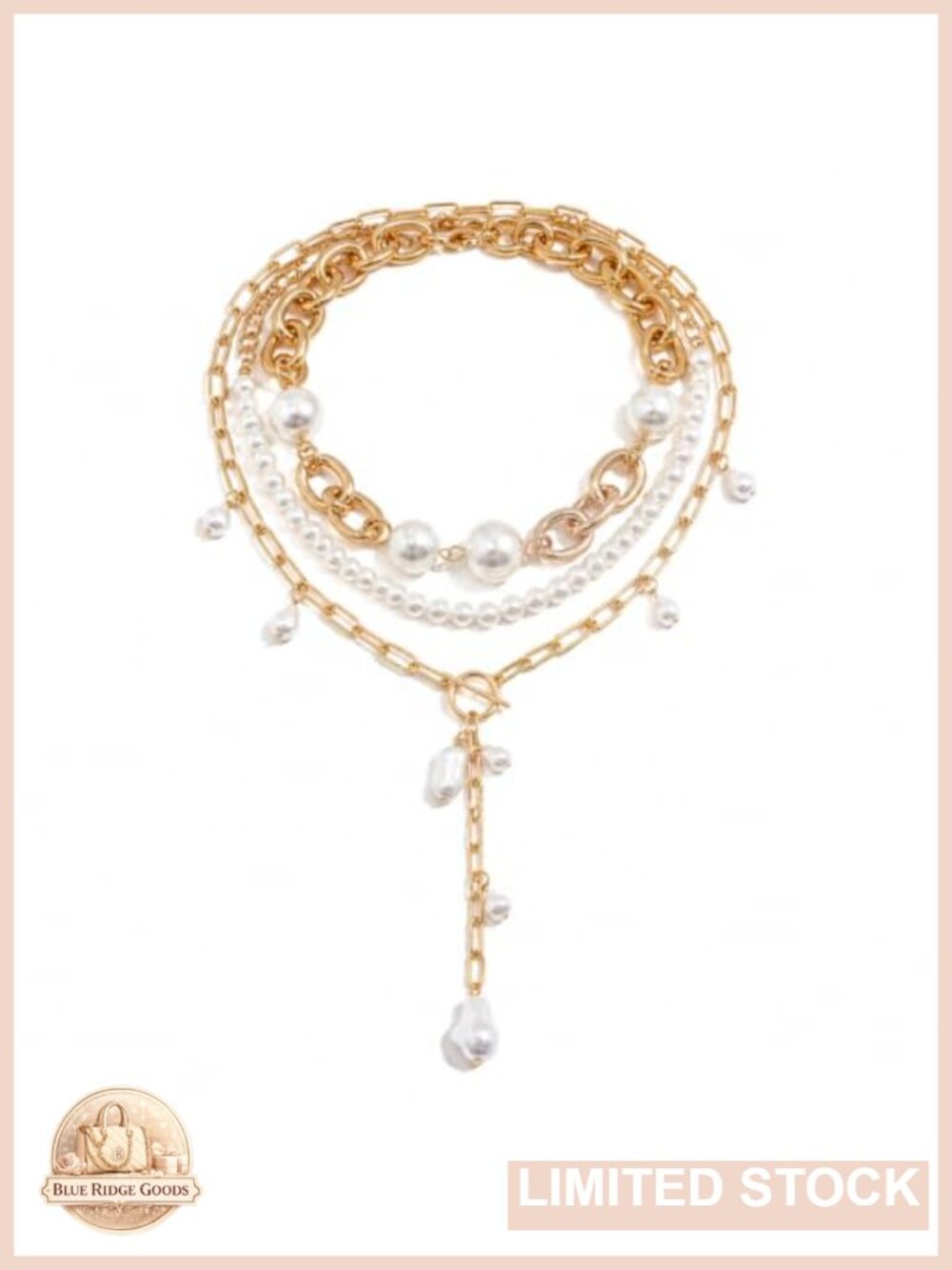 Gold Tone Layered Faux Pearl Y-Neck Lariat Necklace Chunky Chain Women